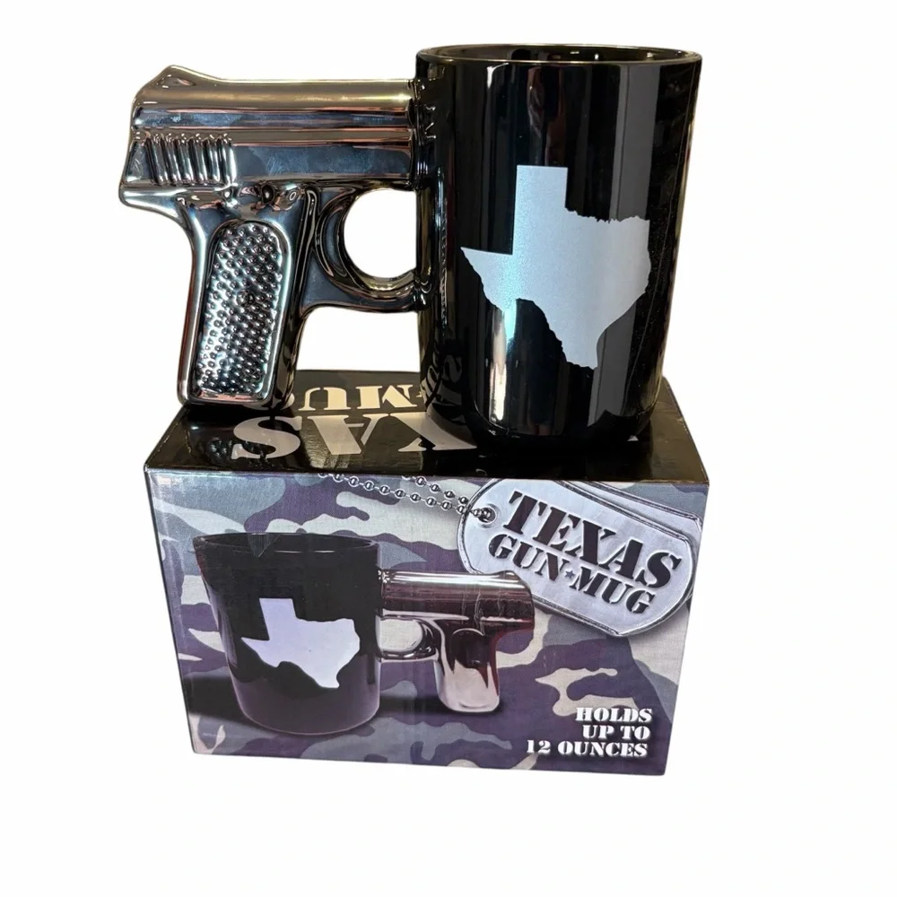 TEXAS GUN MUG BLACK PISTOL HANDLE 12 OZ COFFEE CUP WITH TEXAS GRAPHIC